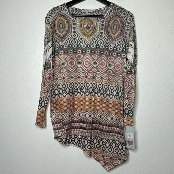 Jess & Jane Aztec Print Asymmetrical Hem Linen Blend 3/4 Sleeve Top Size Medium - Picture 1 of 7